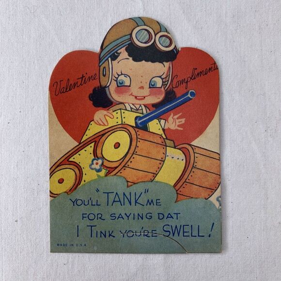 Vtg 1940s WWII Era Used Valentine Patriotic US Greeting Card Girl On A Tank USA - Picture 1 of 3